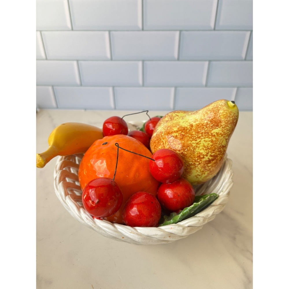 Vintage Italian Ceramic Fruit Basket Lattice Weave Centerpiece Hand Painted